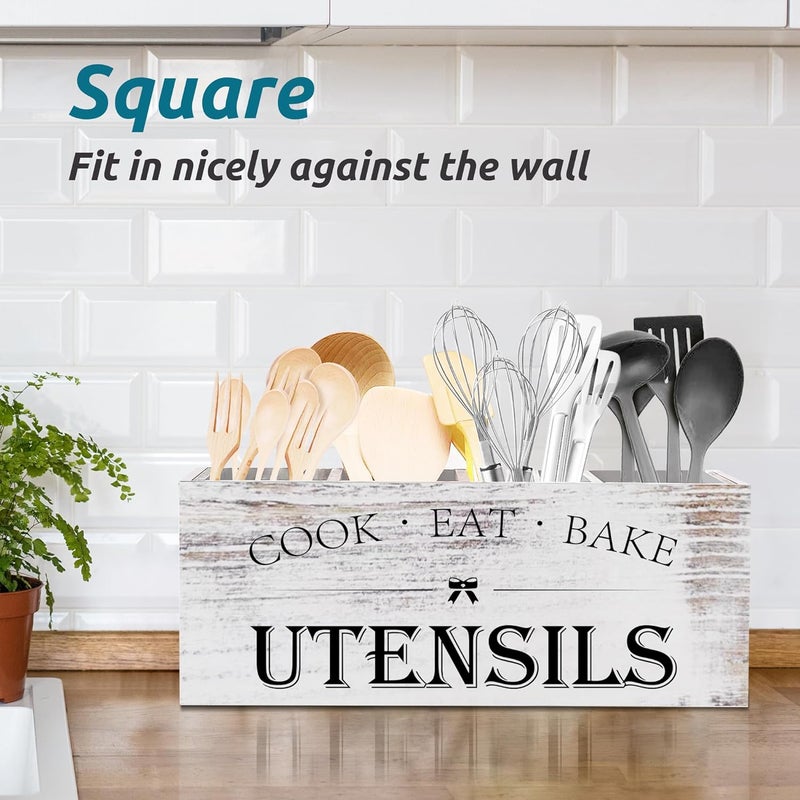 Suli Extra Large Kitchen Utensils Holder with 4 Compartments, Wooden Utensil Organizer for Kitchen Countertop, Farmhouse Decor, Rustic Cooking Utensil - White grain - Image 5